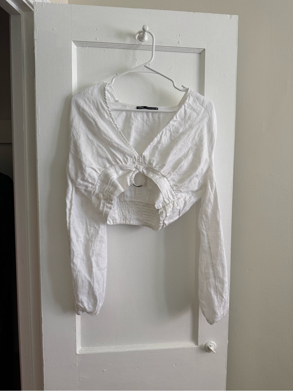 Zara White Cropped Ring-Detail Long Sleeve Top